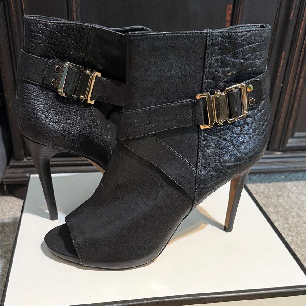 Vince Camuto Black Heeled Boots with Gold Buckle